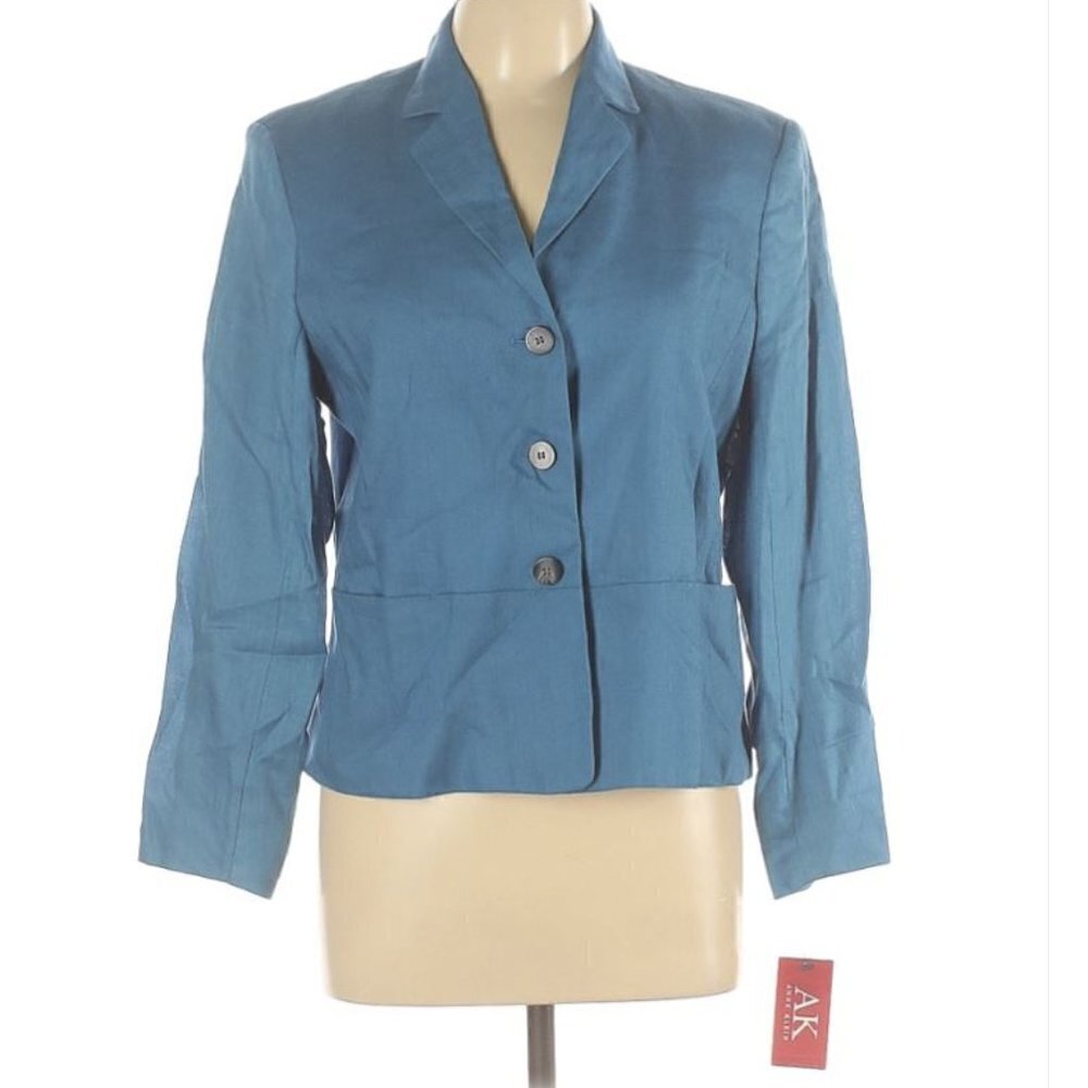 AK Anne Klein 100% Linen 3 Button Blue Blazer Jacket